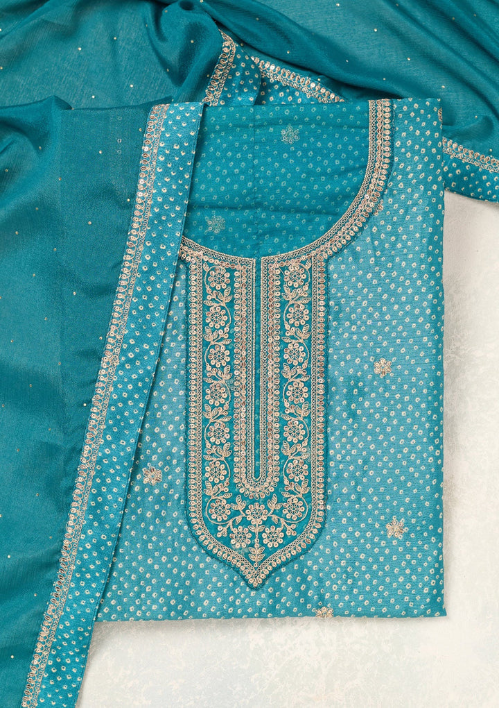 Turquoise Blue Zariwork (Gold) Chinon Unstitched Salwar Suit-Koskii