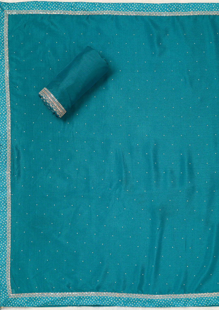 Turquoise Blue Zariwork (Gold) Chinon Unstitched Salwar Suit-Koskii