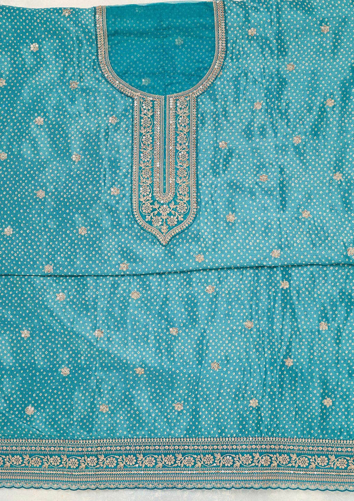 Turquoise Blue Zariwork (Gold) Chinon Unstitched Salwar Suit-Koskii