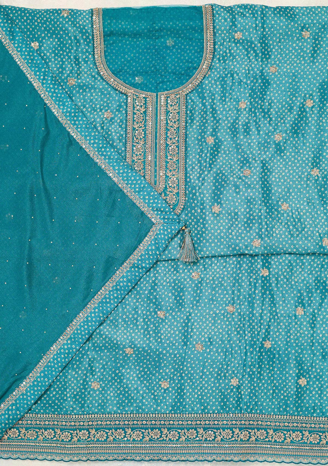 Turquoise Blue Zariwork (Gold) Chinon Unstitched Salwar Suit-Koskii