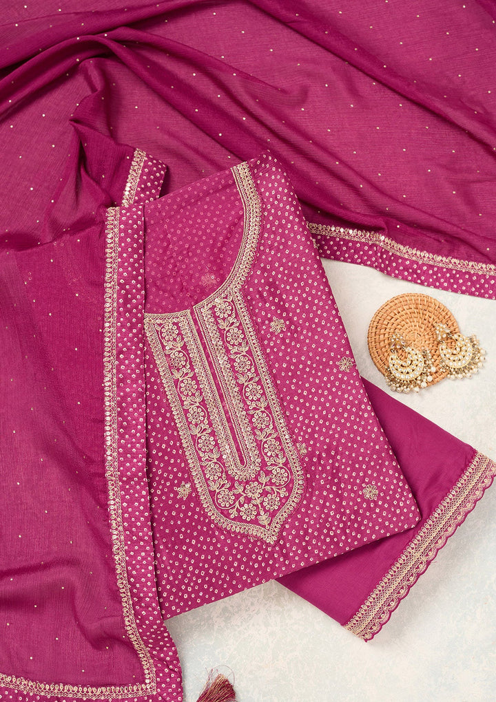 Wine Zariwork (Gold) Chinon Unstitched Salwar Suit-Koskii