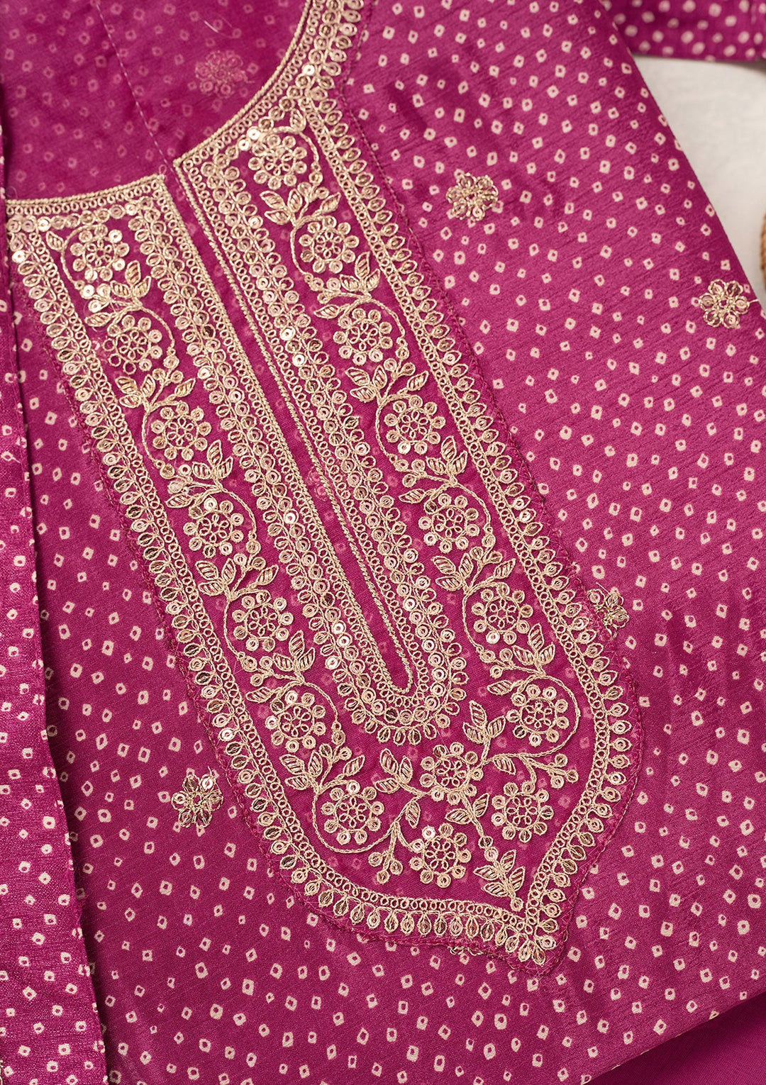 Wine Zariwork (Gold) Chinon Unstitched Salwar Suit-Koskii