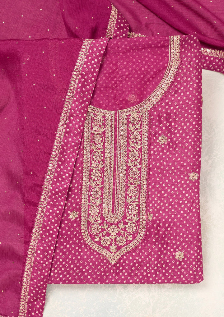 Wine Zariwork (Gold) Chinon Unstitched Salwar Suit-Koskii