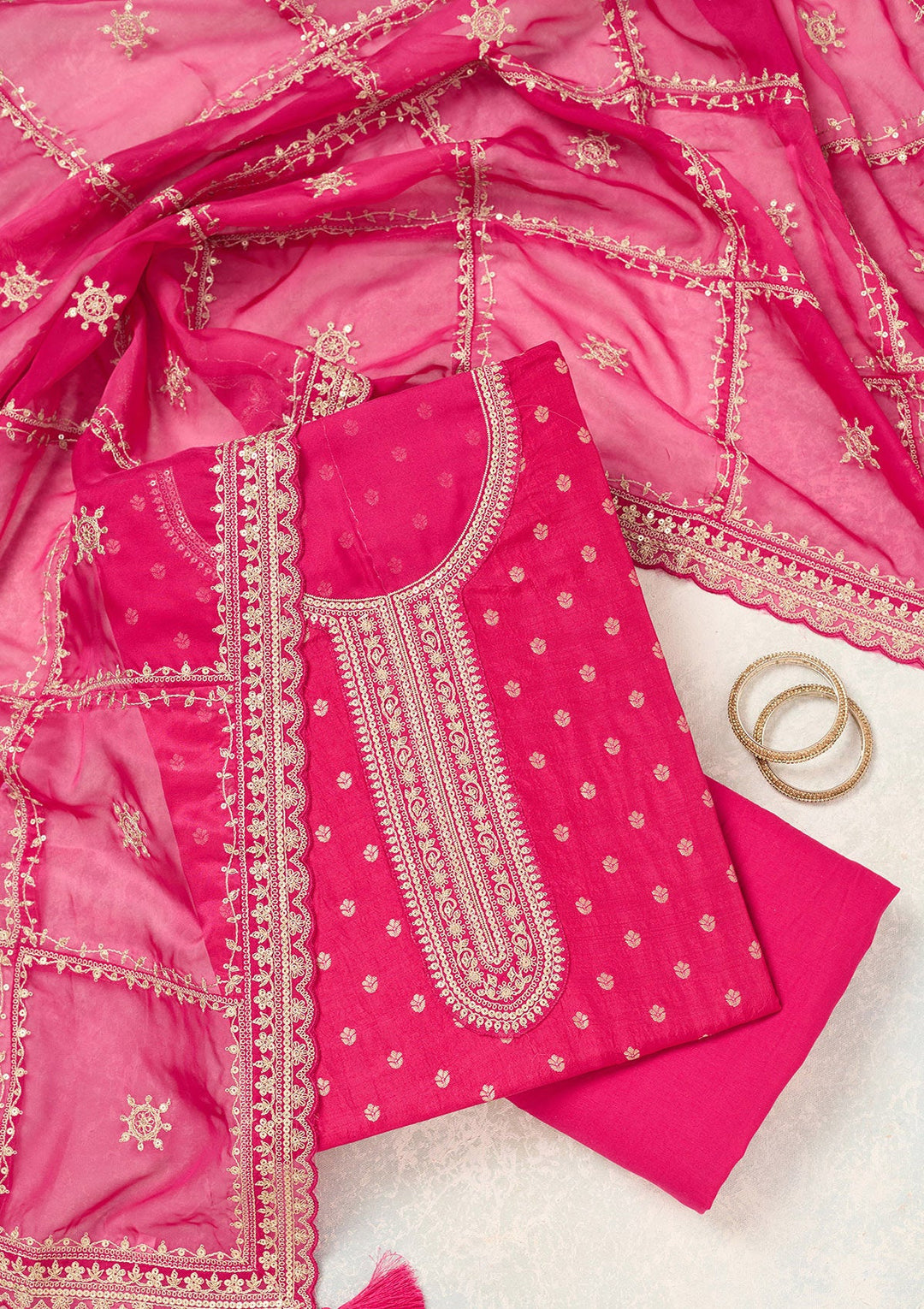 Rani Pink Zariwork (Gold) Chinon Unstitched Salwar Suit-Koskii