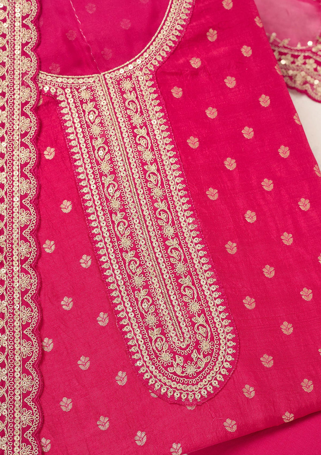 Rani Pink Zariwork (Gold) Chinon Unstitched Salwar Suit-Koskii