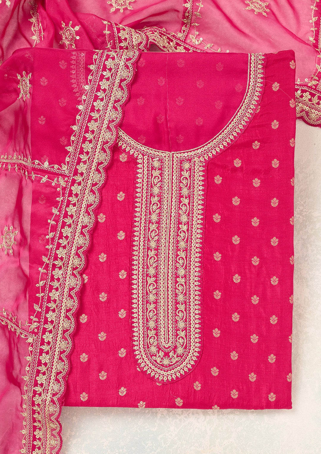 Rani Pink Zariwork (Gold) Chinon Unstitched Salwar Suit-Koskii