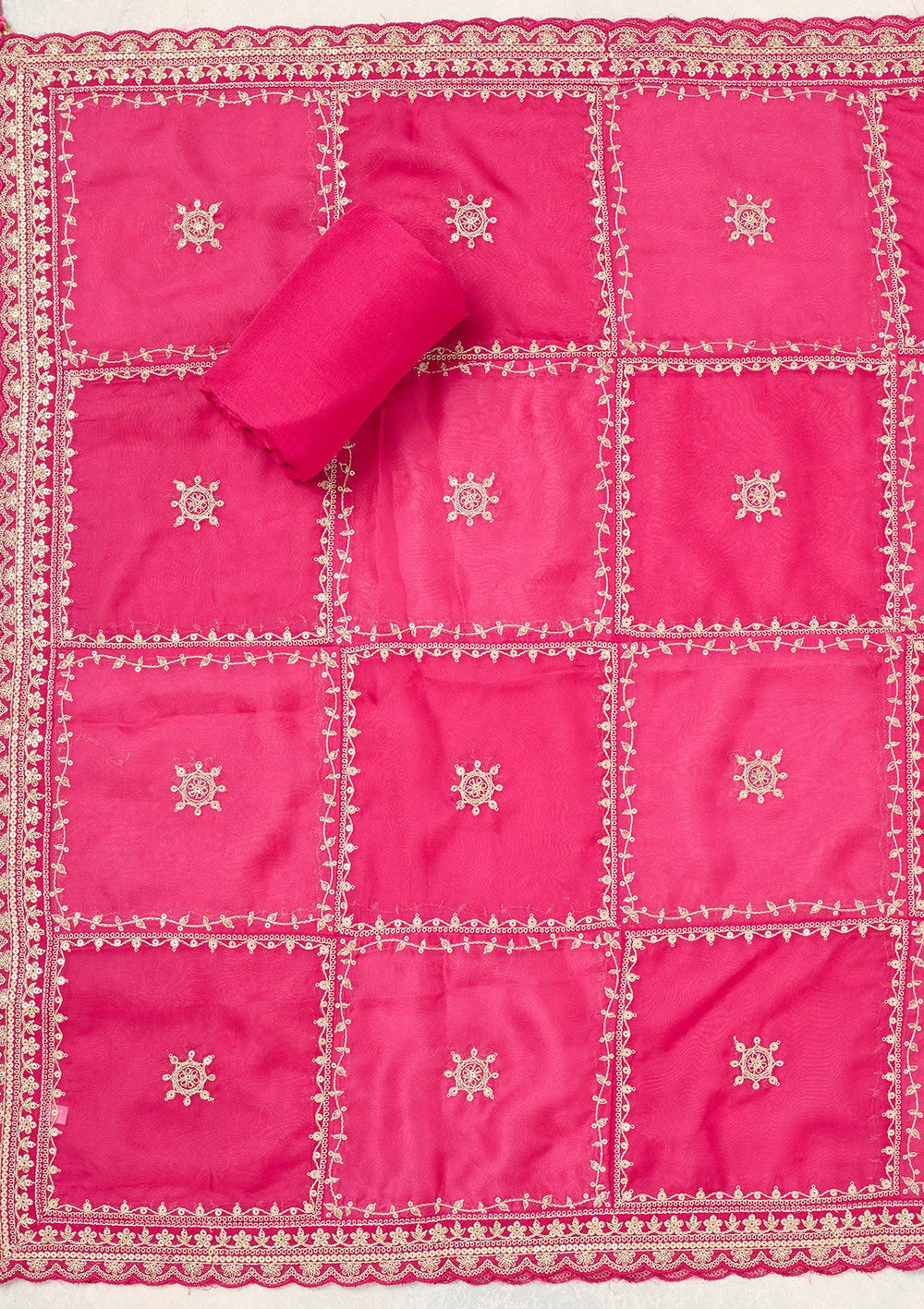 Rani Pink Zariwork (Gold) Chinon Unstitched Salwar Suit-Koskii