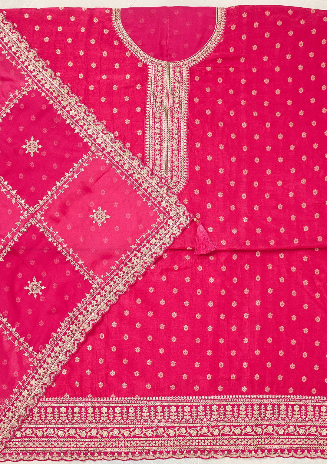 Rani Pink Zariwork (Gold) Chinon Unstitched Salwar Suit-Koskii