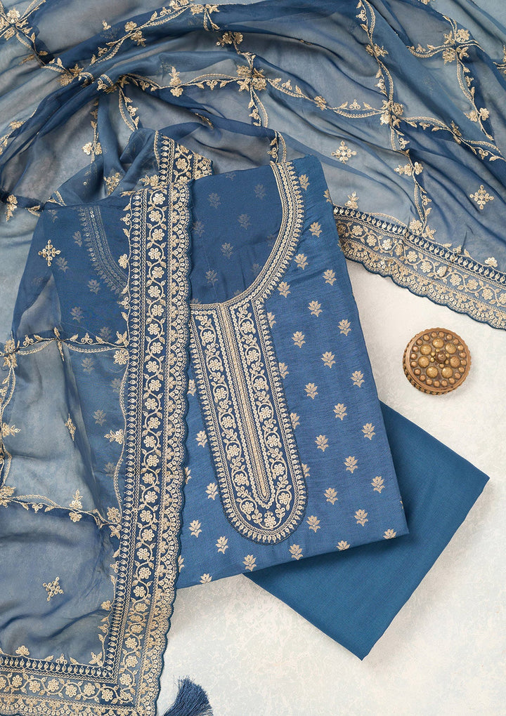 Peacock Blue Zariwork (Gold) Chinon Unstitched Salwar Suit-Koskii