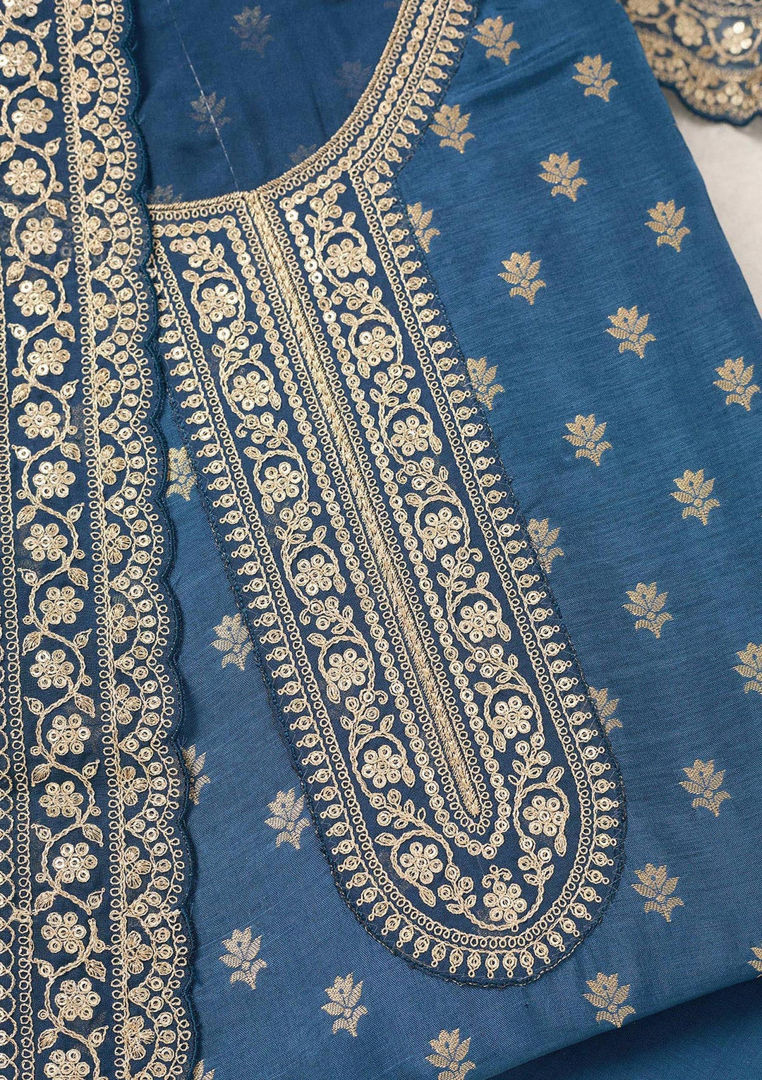 Peacock Blue Zariwork (Gold) Chinon Unstitched Salwar Suit-Koskii