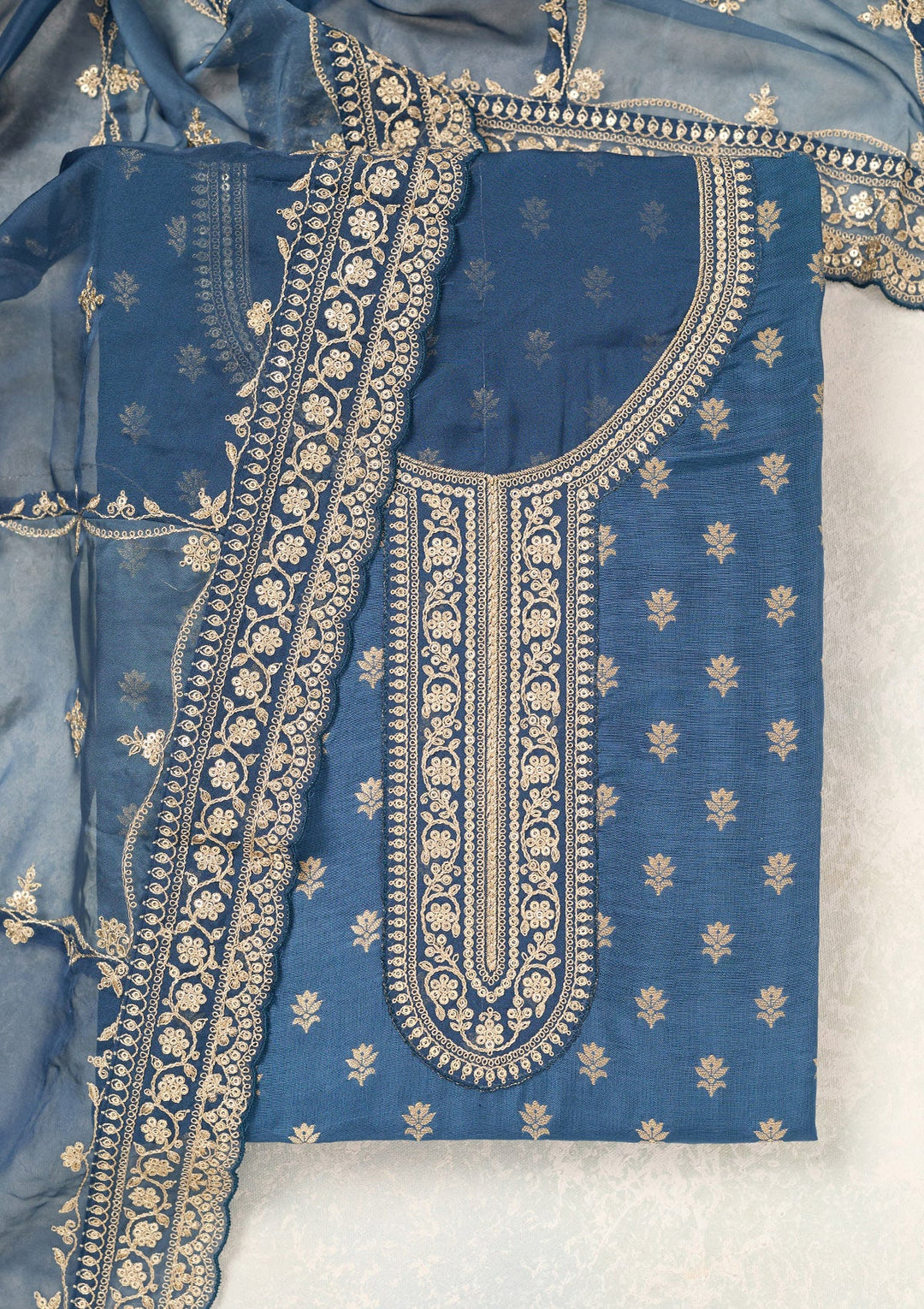 Peacock Blue Zariwork (Gold) Chinon Unstitched Salwar Suit-Koskii