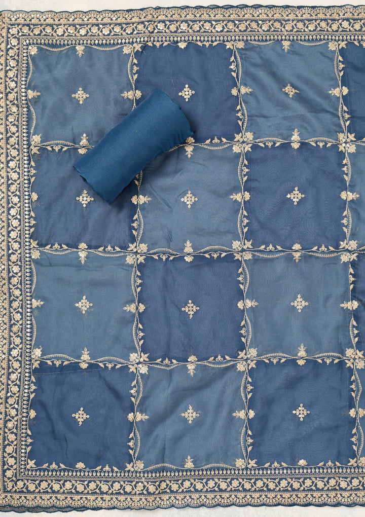 Peacock Blue Zariwork (Gold) Chinon Unstitched Salwar Suit-Koskii