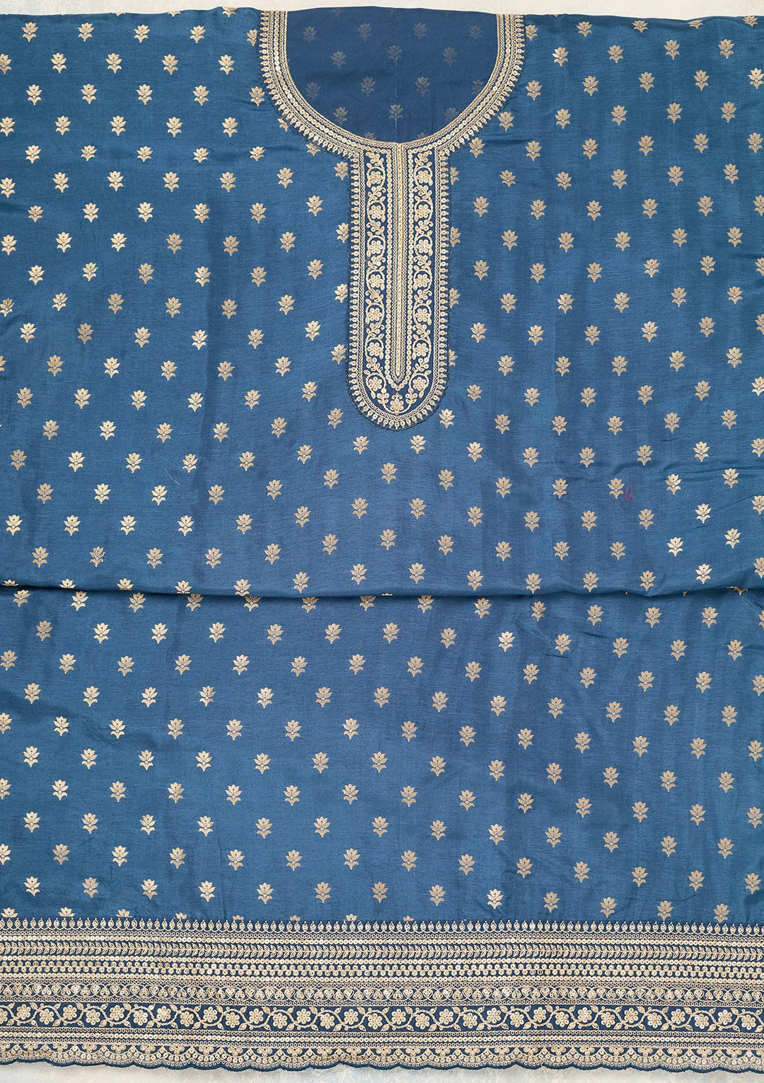 Peacock Blue Zariwork (Gold) Chinon Unstitched Salwar Suit-Koskii