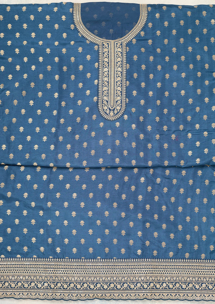 Peacock Blue Zariwork (Gold) Chinon Unstitched Salwar Suit-Koskii
