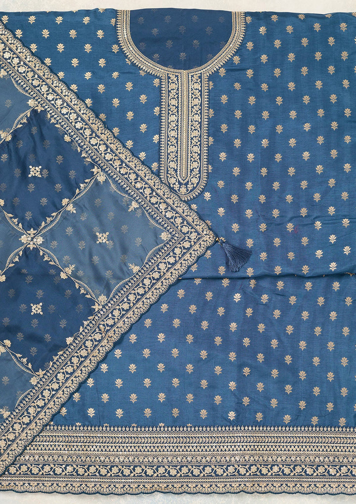 Peacock Blue Zariwork (Gold) Chinon Unstitched Salwar Suit-Koskii