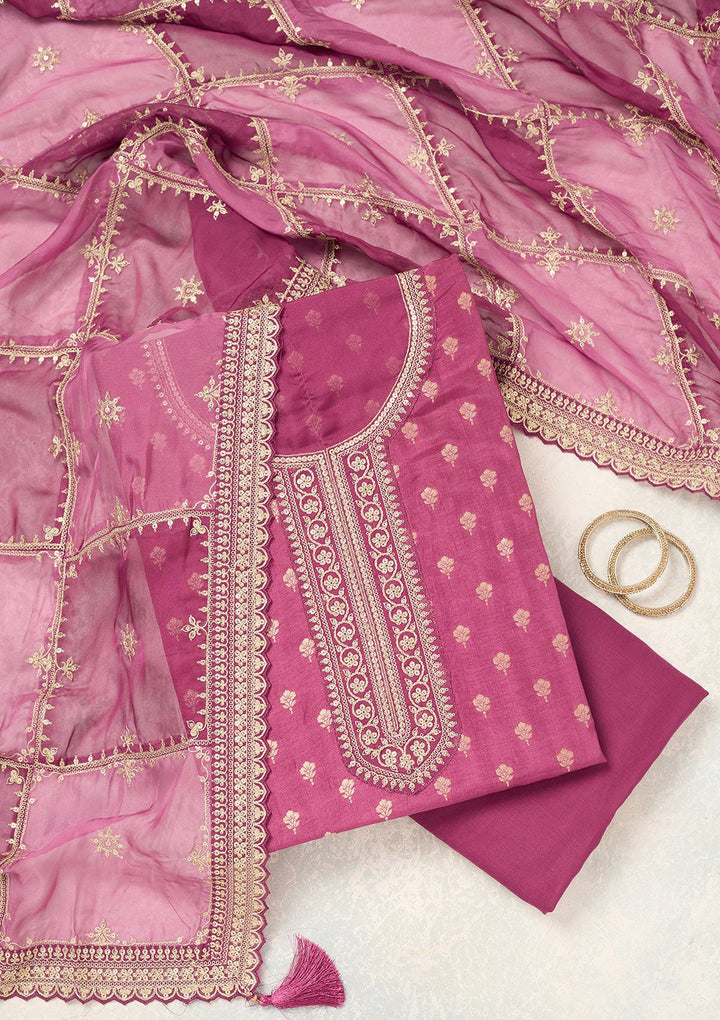 Wine Zariwork (Gold) Chinon Unstitched Salwar Suit-Koskii