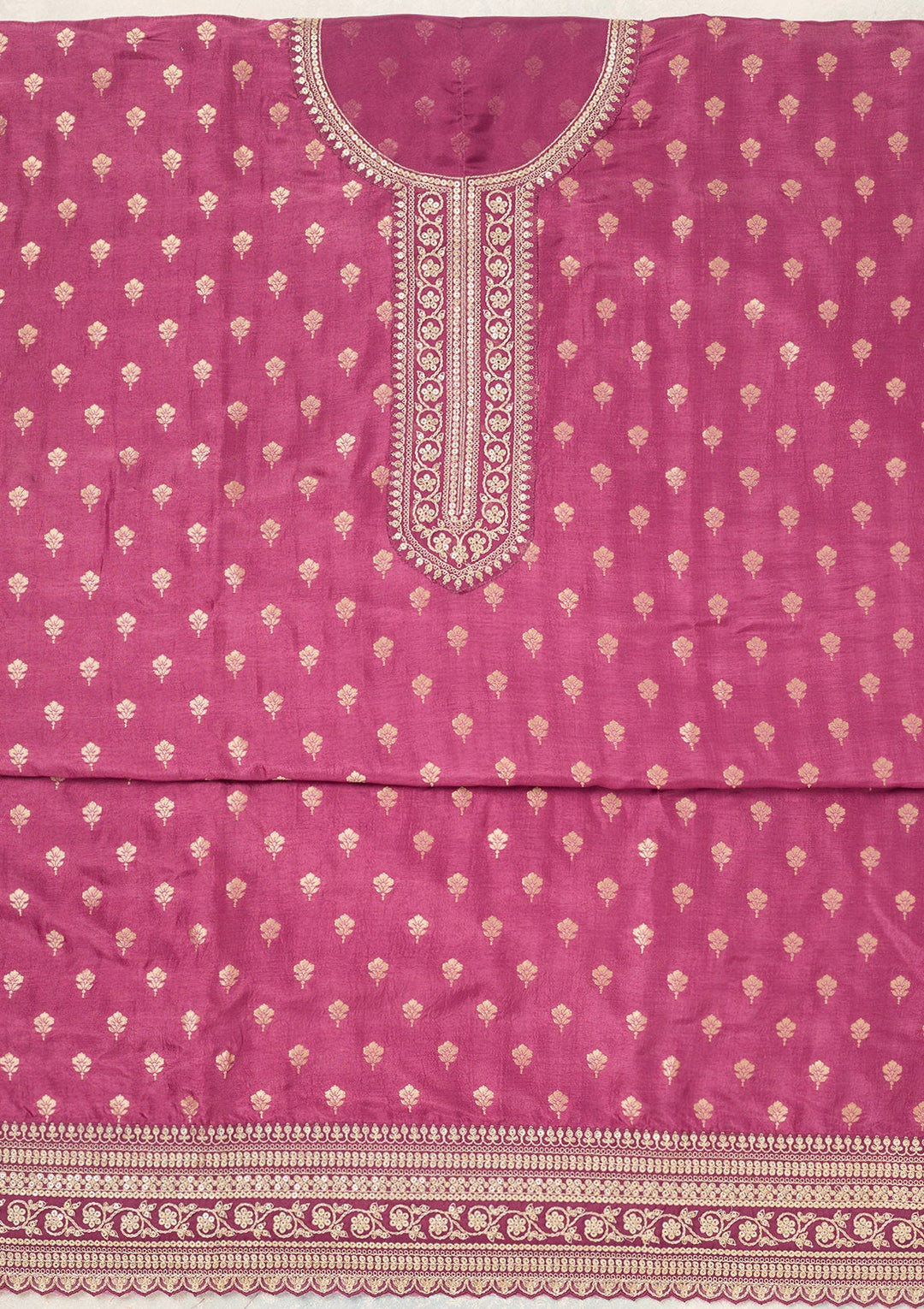 Wine Zariwork (Gold) Chinon Unstitched Salwar Suit-Koskii