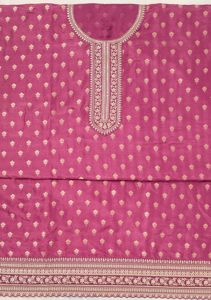 Wine Zariwork (Gold) Chinon Unstitched Salwar Suit-Koskii