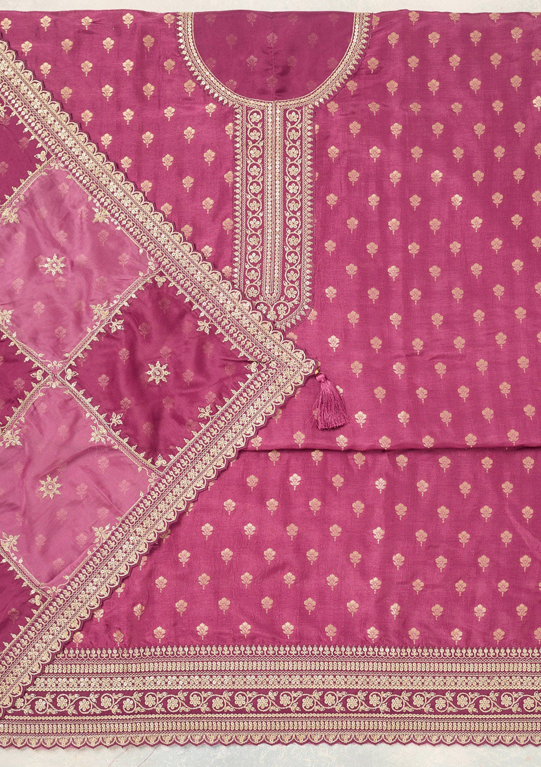 Wine Zariwork (Gold) Chinon Unstitched Salwar Suit-Koskii