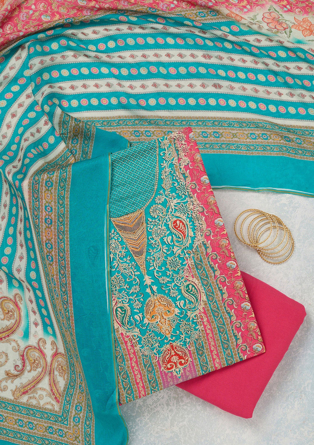 Blue Zariwork (Gold) Semi Crepe Unstitched Salwar Suit_koskii