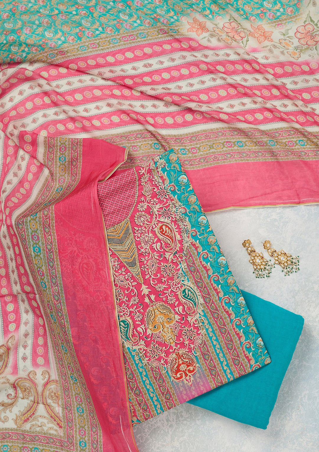 Rani Pink Zariwork (Gold) Semi Crepe Unstitched Salwar Suit_koskii