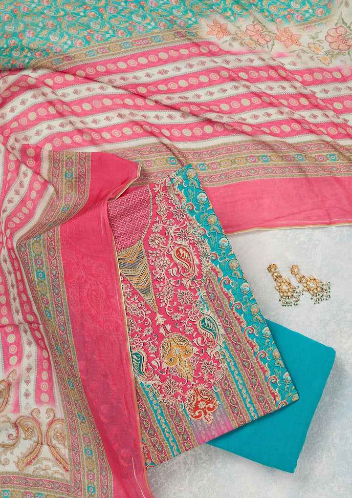 Rani Pink Zariwork (Gold) Semi Crepe Unstitched Salwar Suit_koskii