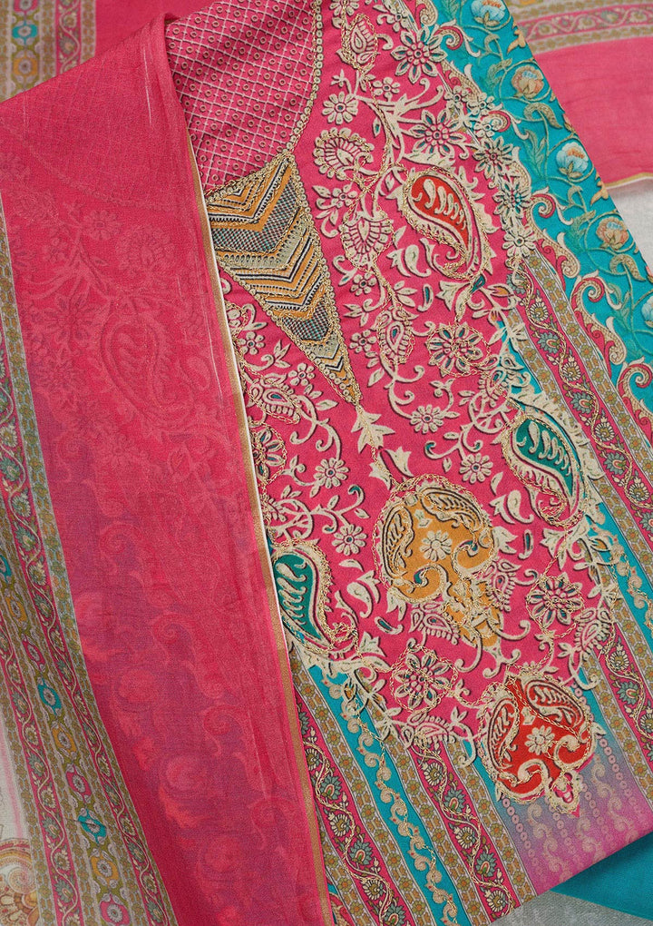 Rani Pink Zariwork (Gold) Semi Crepe Unstitched Salwar Suit_koskii