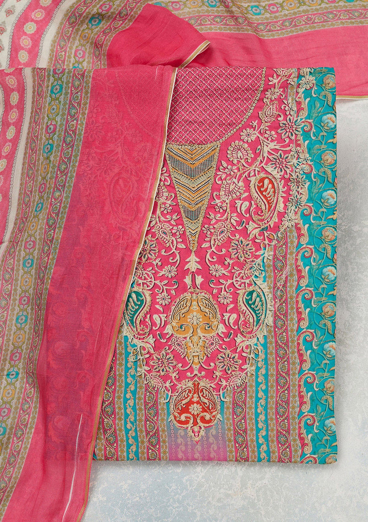 Rani Pink Zariwork (Gold) Semi Crepe Unstitched Salwar Suit_koskii