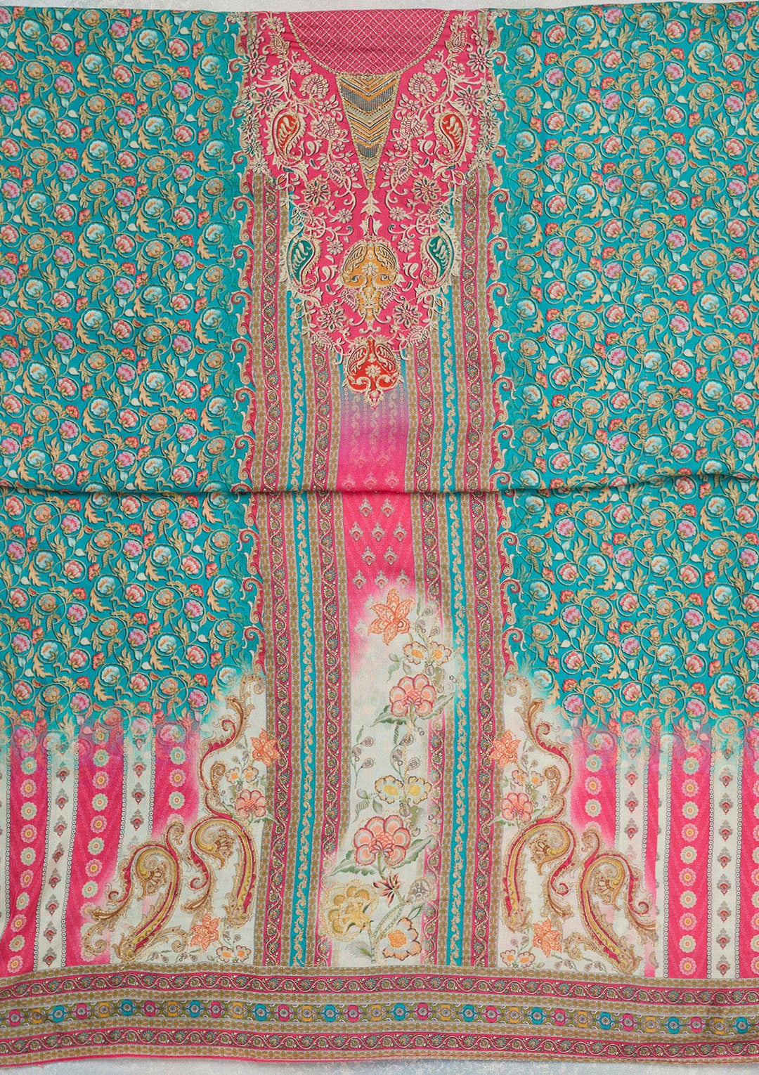 Rani Pink Zariwork (Gold) Semi Crepe Unstitched Salwar Suit_koskii