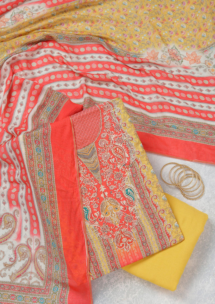 Red Zariwork (Gold) Semi Crepe Unstitched Salwar Suit_koskii