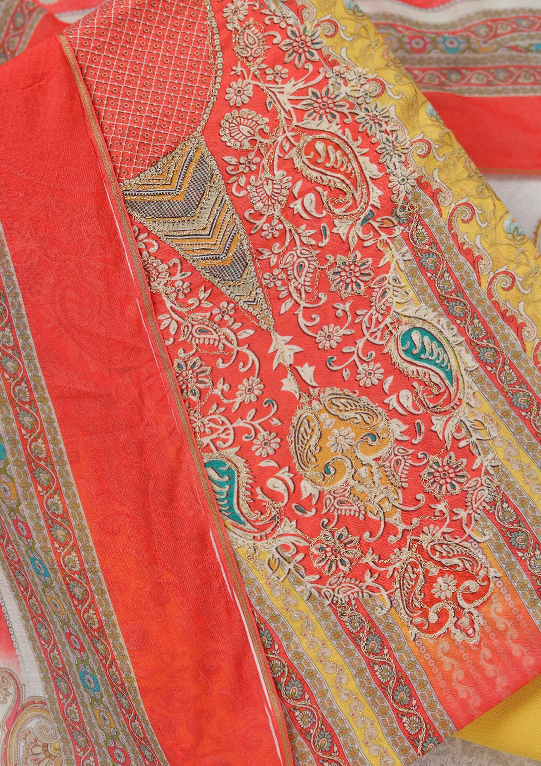 Red Zariwork (Gold) Semi Crepe Unstitched Salwar Suit_koskii