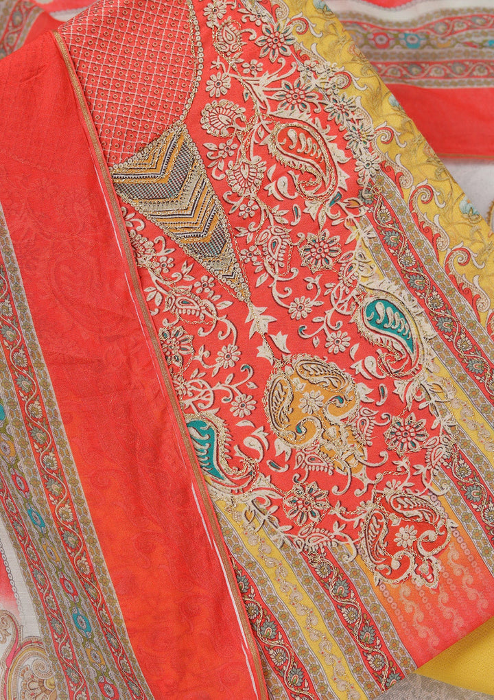 Red Zariwork (Gold) Semi Crepe Unstitched Salwar Suit_koskii