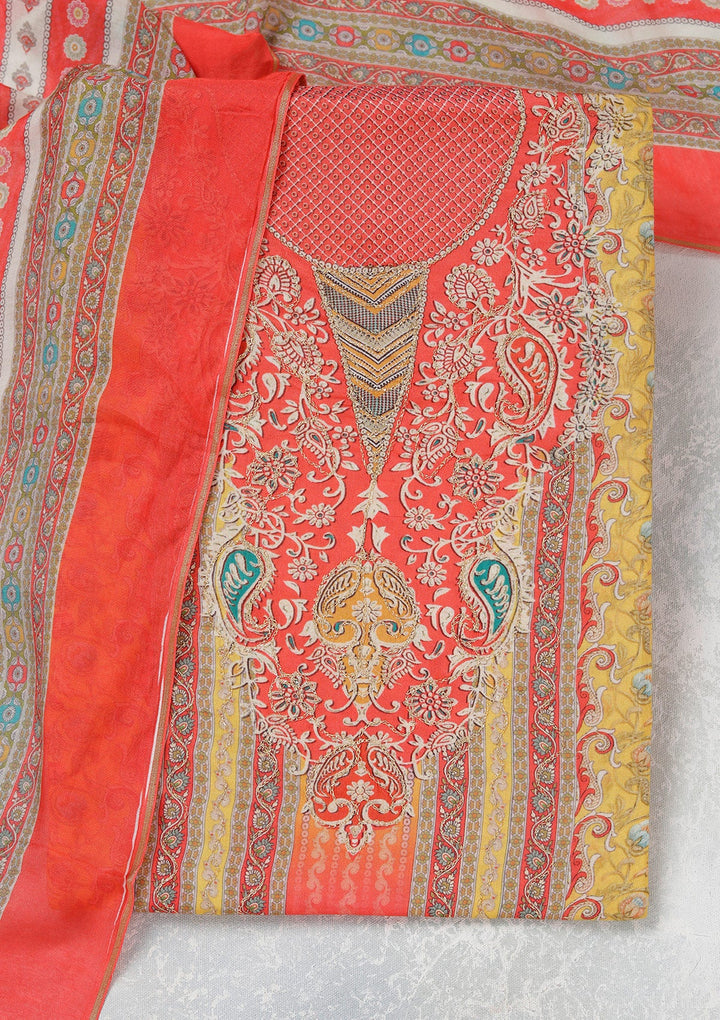 Red Zariwork (Gold) Semi Crepe Unstitched Salwar Suit_koskii