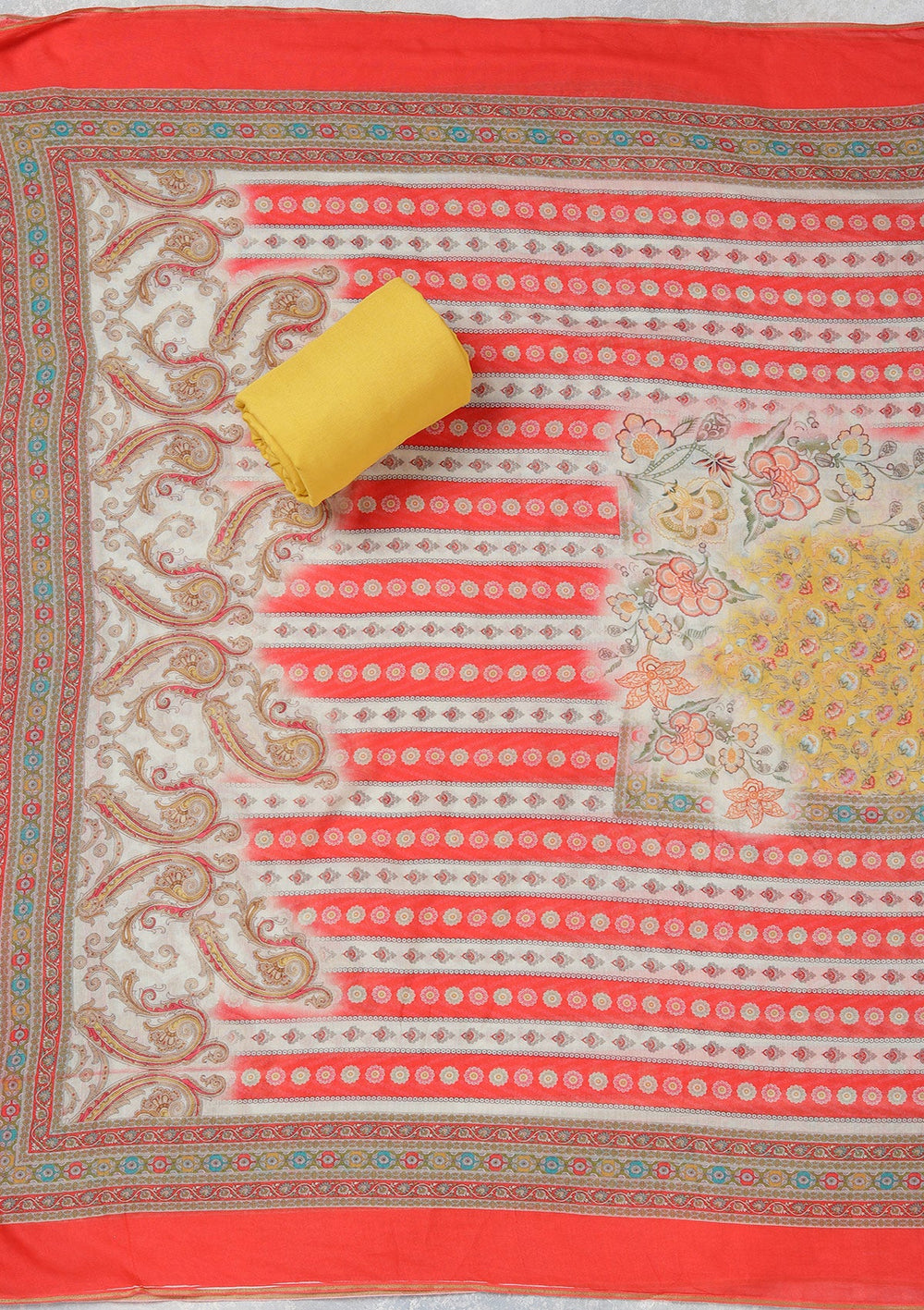 Red Zariwork (Gold) Semi Crepe Unstitched Salwar Suit_koskii