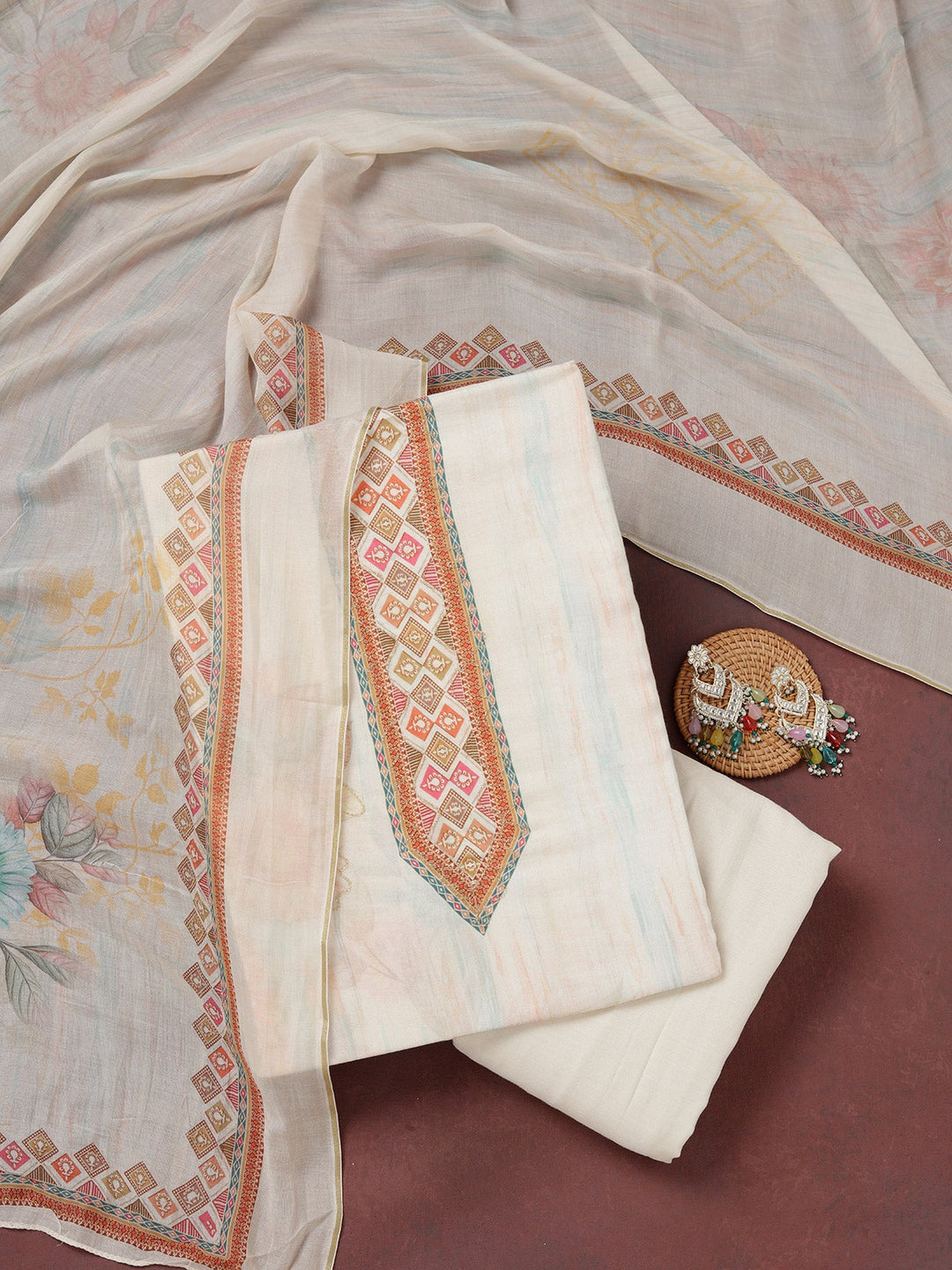 Cream Zariwork (Gold) Semi Crepe Unstitched Salwar Suit_koskii