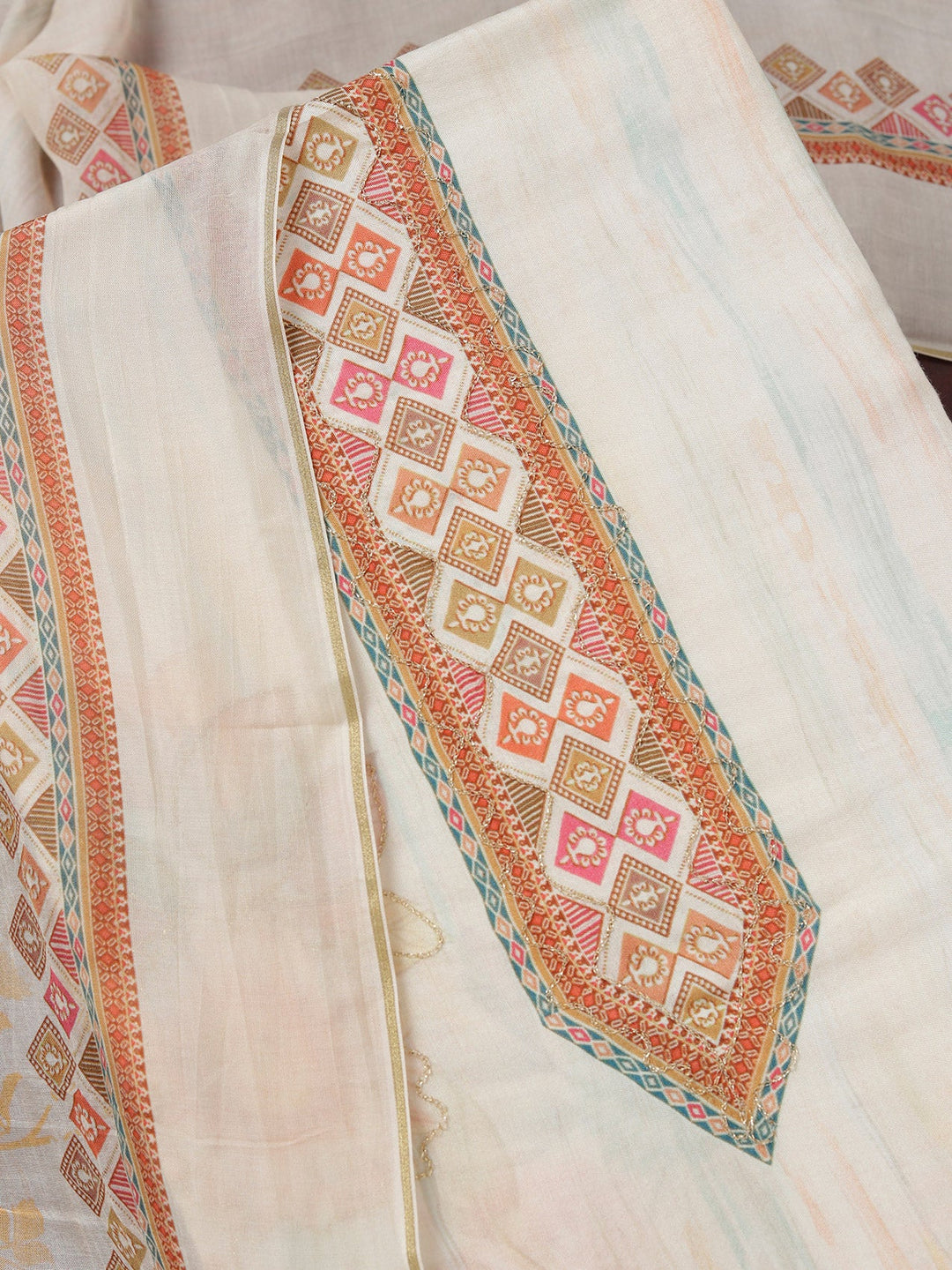 Cream Zariwork (Gold) Semi Crepe Unstitched Salwar Suit_koskii