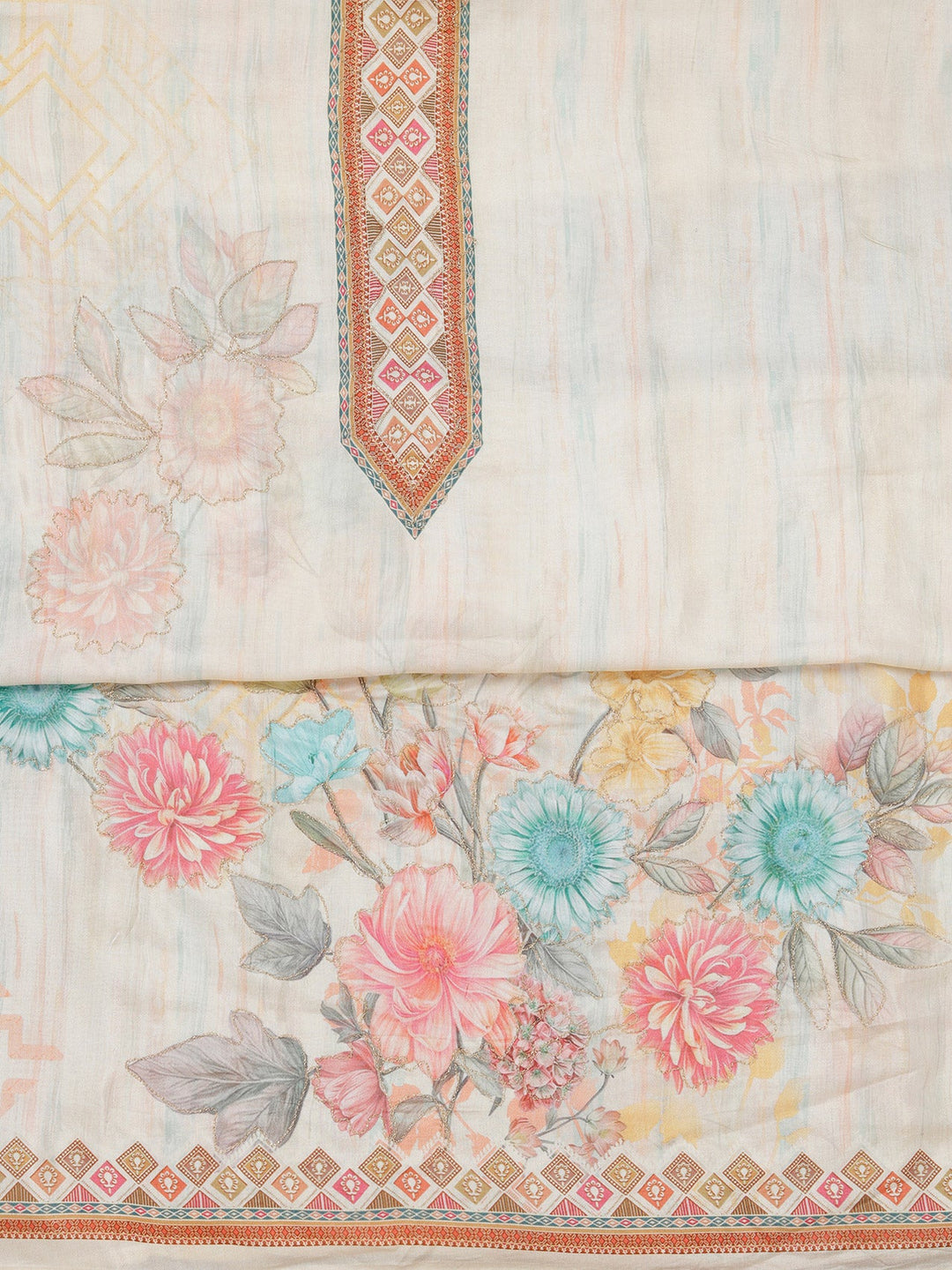 Cream Zariwork (Gold) Semi Crepe Unstitched Salwar Suit_koskii