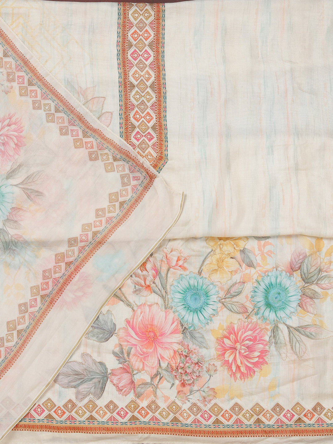 Cream Zariwork (Gold) Semi Crepe Unstitched Salwar Suit_koskii