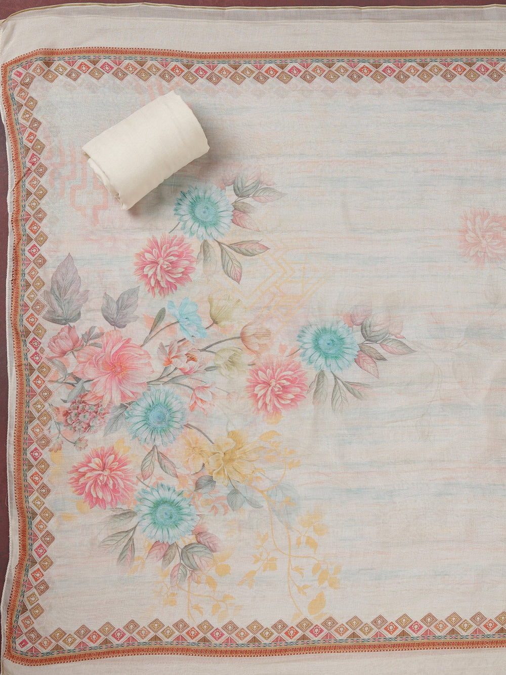 Cream Zariwork (Gold) Semi Crepe Unstitched Salwar Suit_koskii