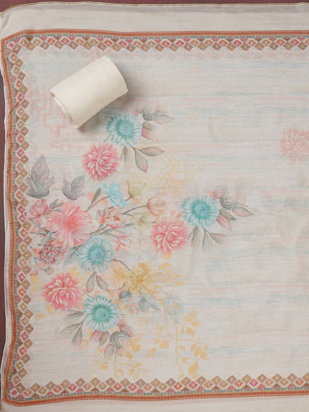 Cream Zariwork (Gold) Semi Crepe Unstitched Salwar Suit_koskii