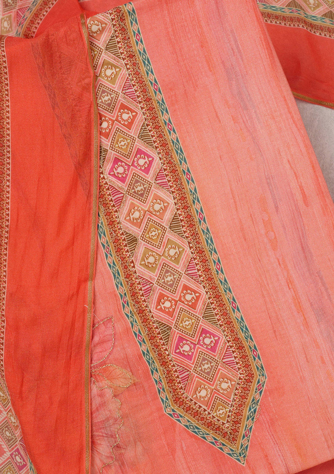 Peach Zariwork (Gold) Semi Crepe Unstitched Salwar Suit_koskii