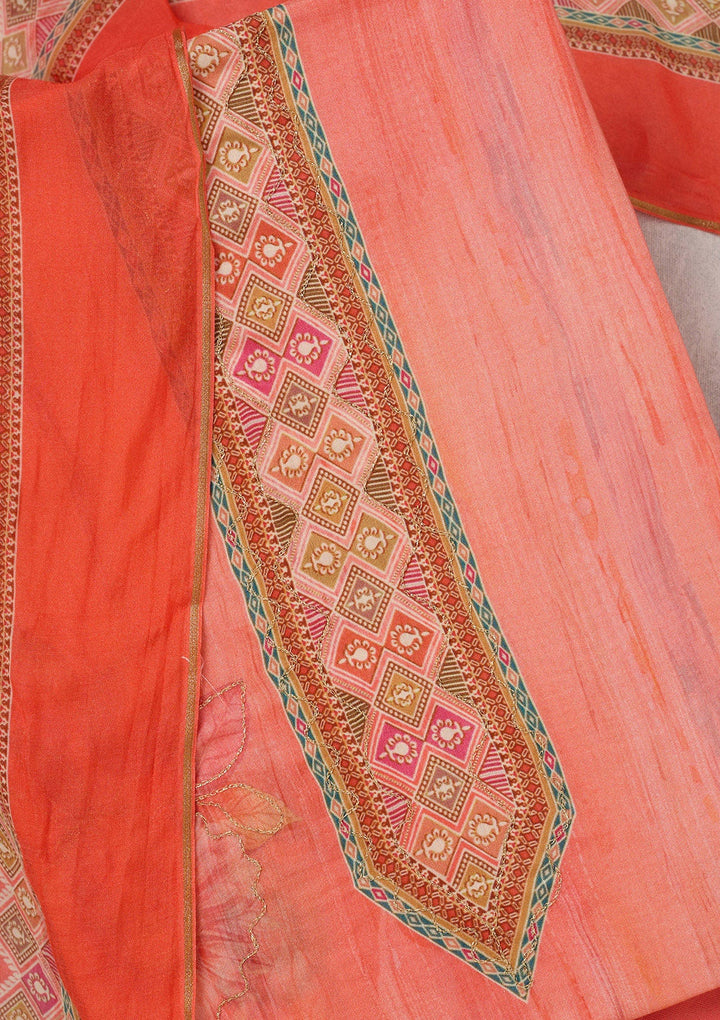 Peach Zariwork (Gold) Semi Crepe Unstitched Salwar Suit_koskii
