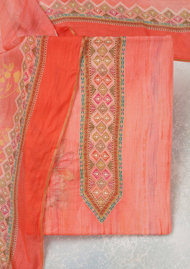 Peach Zariwork (Gold) Semi Crepe Unstitched Salwar Suit_koskii
