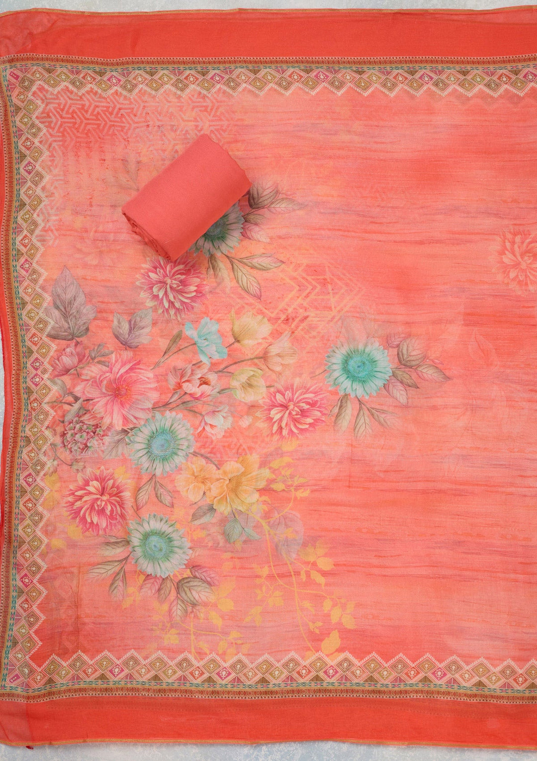 Peach Zariwork (Gold) Semi Crepe Unstitched Salwar Suit_koskii