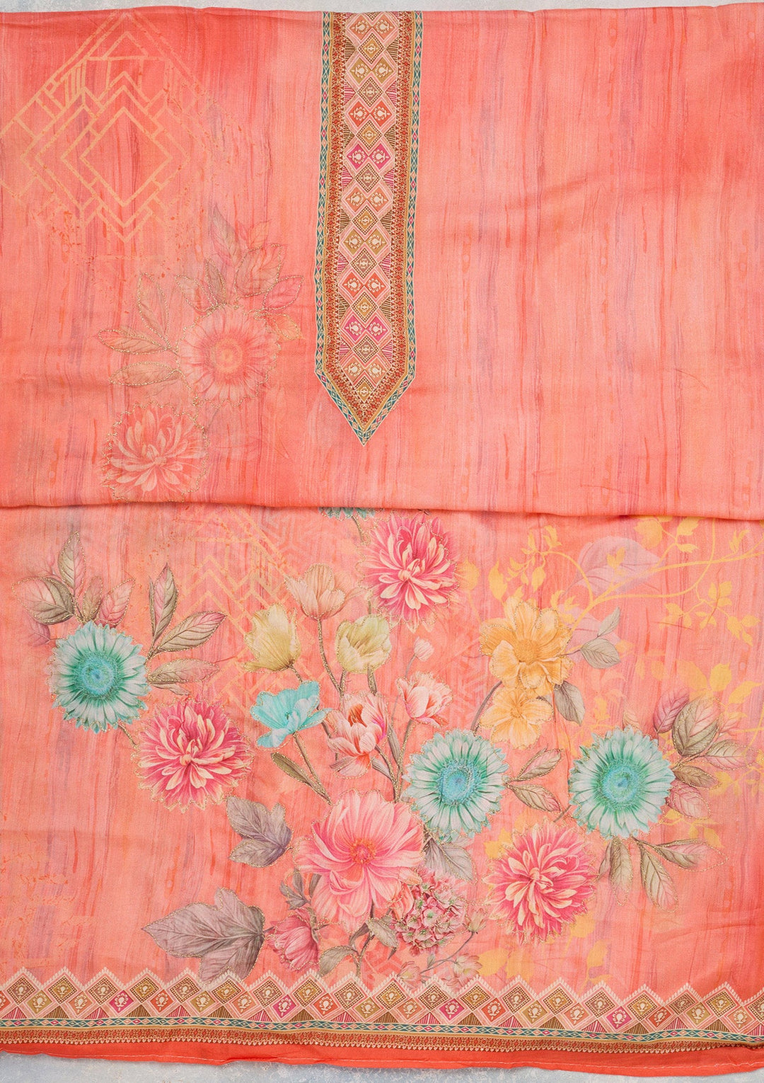 Peach Zariwork (Gold) Semi Crepe Unstitched Salwar Suit_koskii