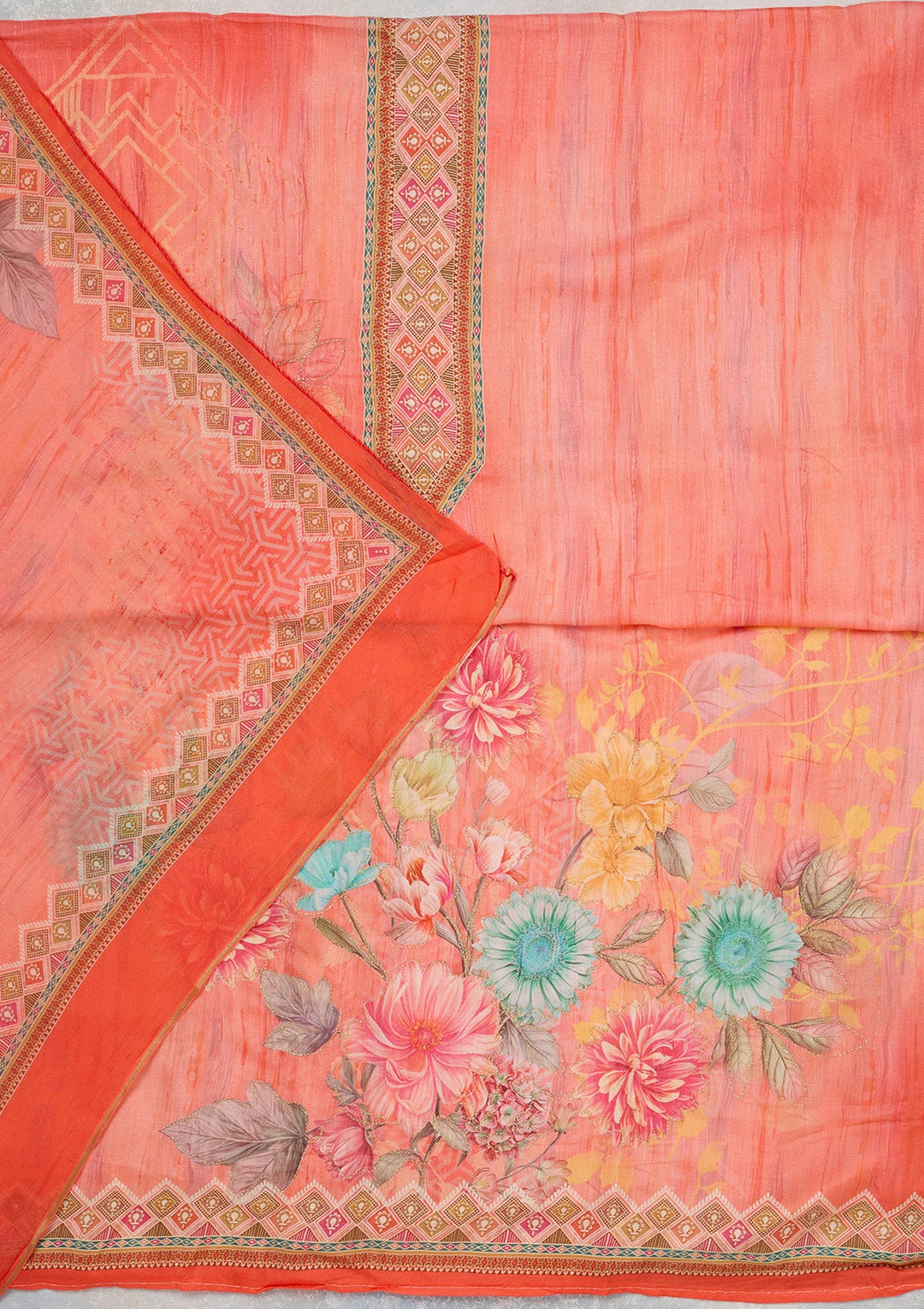 Peach Zariwork (Gold) Semi Crepe Unstitched Salwar Suit_koskii