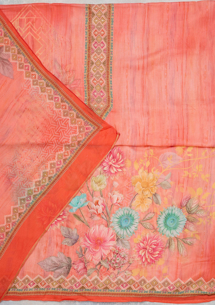 Peach Zariwork (Gold) Semi Crepe Unstitched Salwar Suit_koskii