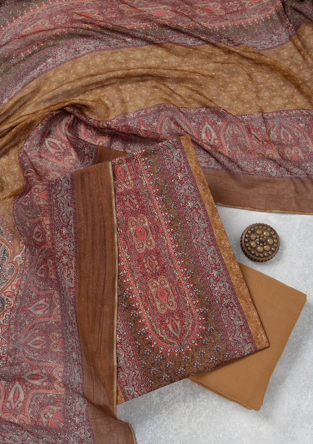 Maroon Zariwork (Gold) Semi Crepe Unstitched Salwar Suit_koskii