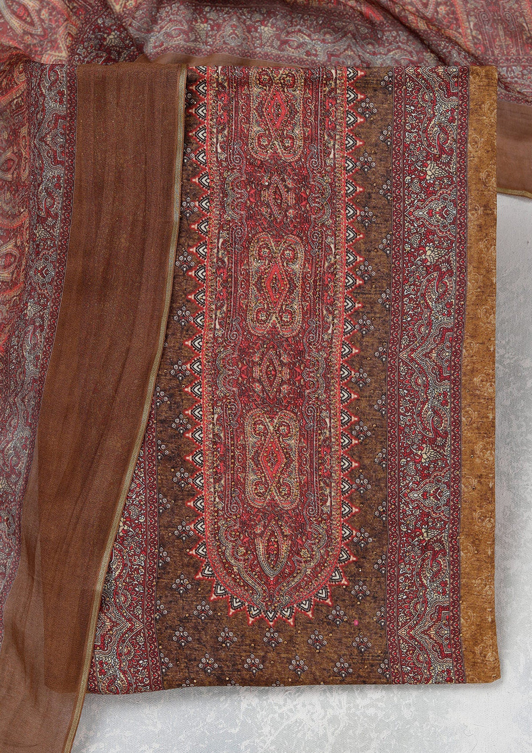 Maroon Zariwork (Gold) Semi Crepe Unstitched Salwar Suit_koskii