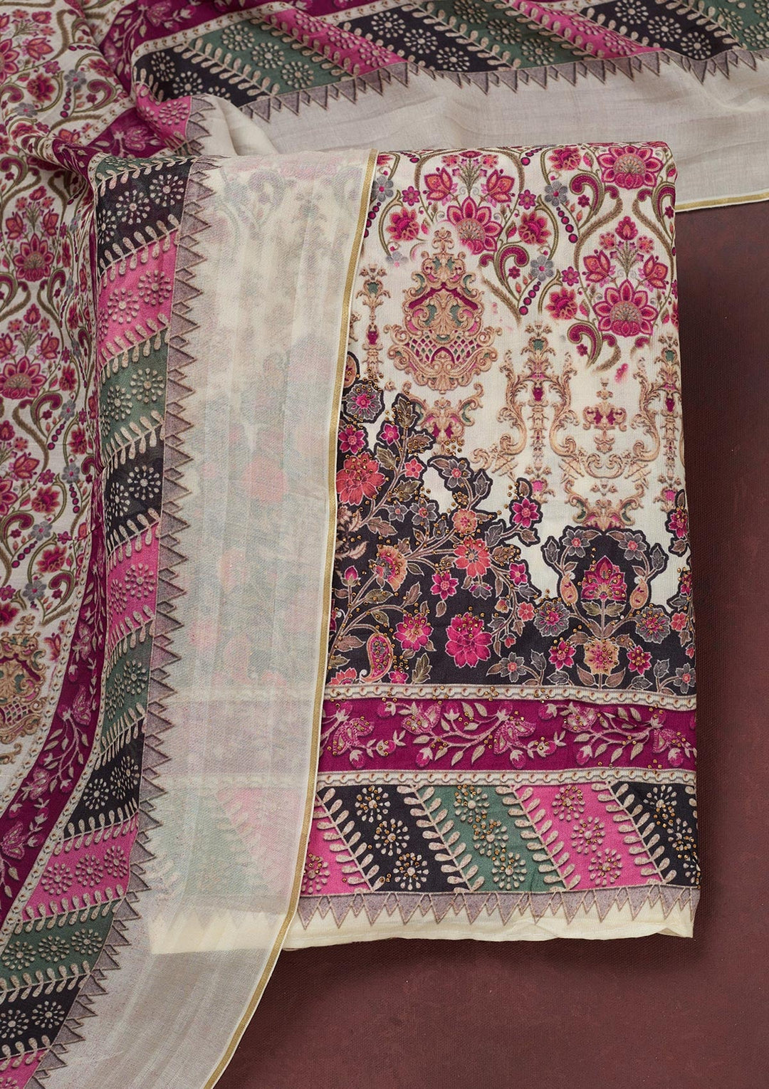 Cream Zariwork Semi Crepe Unstitched Salwar Suit_koskii